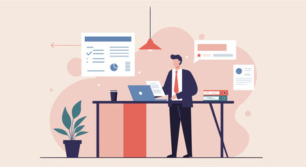 Modern flat design illustration of a businessman working at a desk, perfect for marketing and web design presentations.