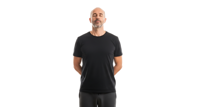 A man is meditating with his eyes closed and his hands behind his back.