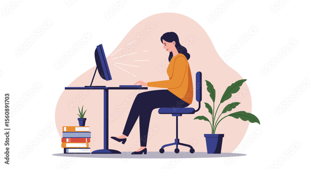 Wall mural a woman is seated at a desk, working on a computer with a keyboard and mouse in front of her. suitab