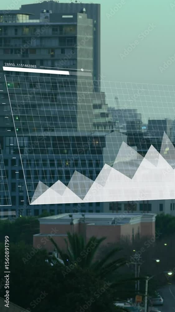 Poster animation of multiple graphs, map and loading bars over aerial view of modern buildings against sky