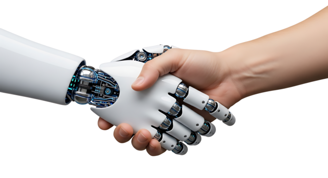 A robotic hand shaking with a human hand.