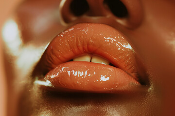 Obraz premium Close-up of glistening lips. A sensual, captivating image focusing on beauty, texture, and the allure of a radiant, healthy pout.