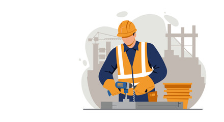 A construction worker in a safety vest uses a power drill on a building site, depicted in a modern flat design style ideal for web banners and landing pages.