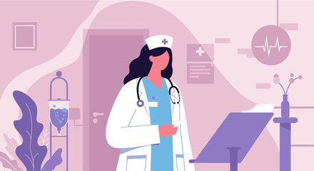 Modern flat design illustration of a female doctor in a clinic, ideal for medical marketing and web presentation.
