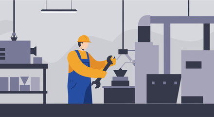 An illustrated flat design depicts a factory worker in a yellow hard hat using a wrench to repair machinery in a modern industrial setting with precision and expertise.