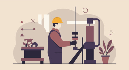 A flat design illustration of a worker in a yellow hardhat using a machine in an industrial setting, suitable for a landing page or marketing banner design.