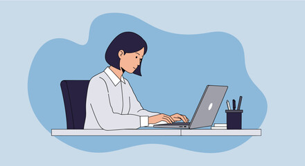 A young woman is diligently working on her laptop at a desk, depicted in a modern flat design illustration style, perfect for web and marketing materials.