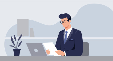 A businessman reviews a document at his desk, utilizing a laptop in a modern office setting, suitable for a marketing presentation or web banner design.