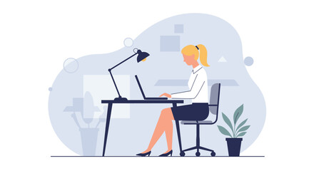 Flat design illustration of a woman working on a laptop at a desk, suitable for marketing and web design presentations.