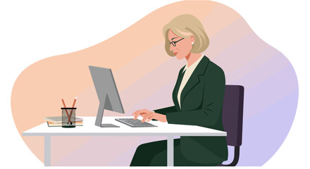 Stylish businesswoman working on computer, flat design illustration perfect for landing page, banner, marketing, web design, presentation or infographic.