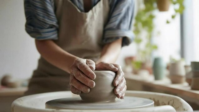 The potter's hands gently shape a lump of clay on a spinning wheel, slowly forming a vessel.