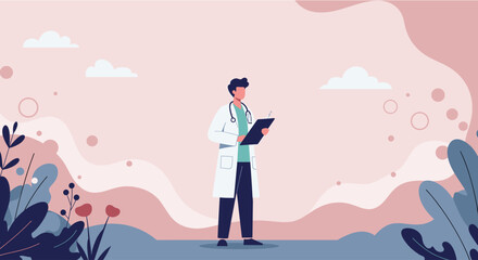 Flat design illustration of a doctor with stethoscope holding a clipboard in a stylized outdoor environment for web or presentation.