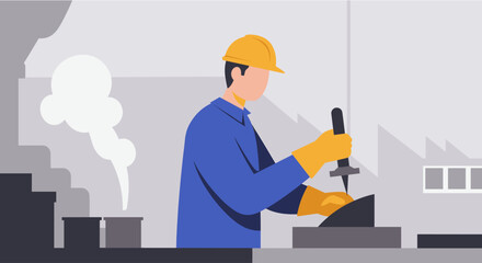 Flat design illustration of a male industrial worker using a chisel and hammer in a factory setting, ideal for web banners, landing pages, and marketing presentations.