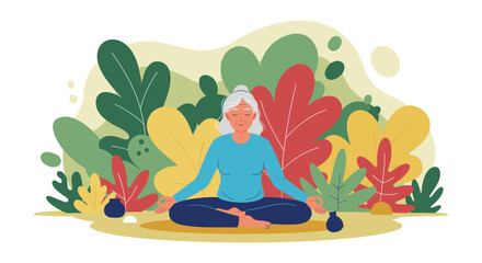 A serene senior woman practices meditation in a vibrant garden, promoting wellness and mindfulness, perfect for a health and lifestyle themed landing page banner.