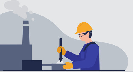 A flat design illustration showcases a factory worker performing a task, ideal for marketing materials, landing pages, and web design with a modern, clean aesthetic.