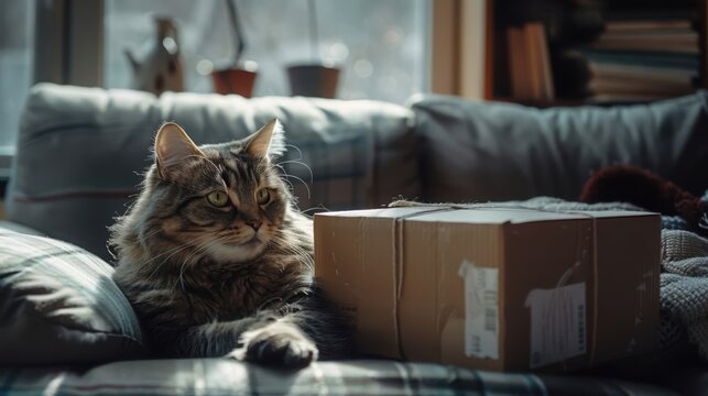 A long-haired cat lounging on a couch next to a cardboard box. - Powered by Adobe