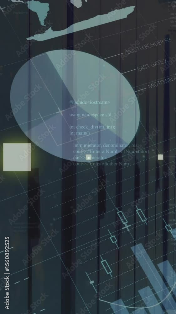 Poster animation of infographic interface and computer language over data server room