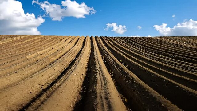 Plowed Farmland Under Sunny Sky