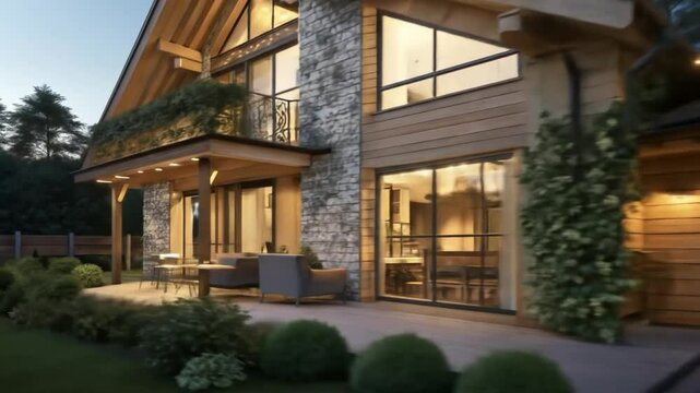 Modern house design ideas: luxury home exterior with patio, garden, and outdoor lighting inspiration
