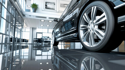 luxury car in modern showroom with reflections