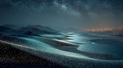 Fototapeta premium Night desert scene glowing bioluminescent sand surreal terrain under starry sky shimmering particles across dunes mysterious and magical mood cinematic lighting