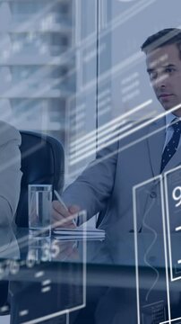 Animation of graphs, changing numbers, loading bars, circles, diverse coworkers conducting interview