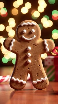 cheerful gingerbread man cookie with white icing dances dynamically in a close-up video on a surface, candy cane and gift box in foreground, blurry festive christmas lights in background festive