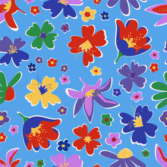 Bright summer floral pattern. Seamless background, fantasy multicolored flowers, white borders stickers. Fashion art print for cover, textile, wallpaper
