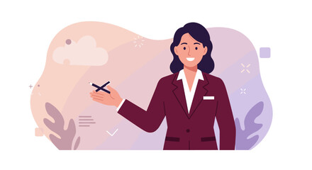 Modern flat design illustration of a smiling businesswoman presenting ideas on a digital interface for web marketing and presentations.
