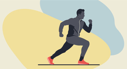 A dynamically posed runner is depicted in a flat design style against an abstract backdrop, ideal for landing pages, marketing materials, and web design projects.