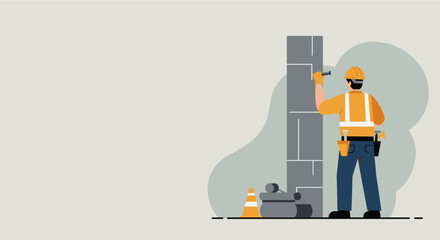 A professional construction worker in a hard hat and safety vest diligently builds a structure in a modern flat design illustration.