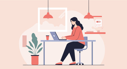 Modern flat design illustration of a woman working on her laptop at a desk in a minimalist office, perfect for landing page banners, marketing materials, and web design projects.