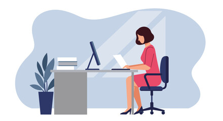 A woman in a pink dress is sitting at her desk, working on a laptop and desktop computer in a modern, minimalist office environment, perfect for a landing page.