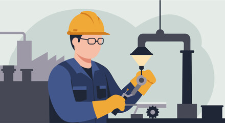 Flat design illustration of a male industrial worker using a welding torch in a factory setting, ideal for landing pages, banners, presentations, and marketing materials.