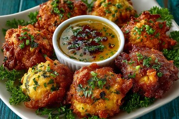 Overhead view of Bahamian conch fritters golden crispy exterior neatly stacked a white platter tropical dipping sauce in bowl clean vibrant food photography
