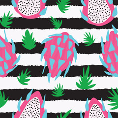 dragon fruit slices with green leaves and deformed stripes seamless pattern. Pitaya fruit with leaves placed on black abstract stripes seamless pattern. It is good for fabric, textile, decoration.