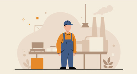 A flat design illustration depicts a male factory worker standing confidently within an industrial setting, ready for production and innovation.