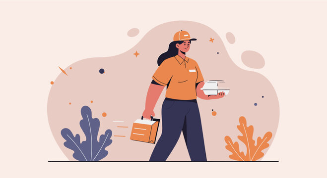 A delivery woman in a uniform carrying a food box and pizza boxes, perfect for a marketing banner or website landing page to promote food delivery services.