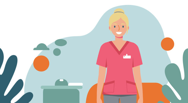 Friendly healthcare professional in modern flat design, perfect for medical marketing, web banners, and presentations.