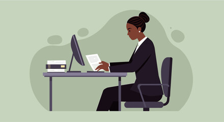 a woman in a business suit sitting at a desk, working on a computer with a stack of papers in front of her. Suitable for landing page, banner, marketing, web design, presentation, infographic, etc.