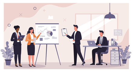 a business office scene with four individuals engaged in work activities. Suitable for landing page, banner, marketing, web design, presentation, infographic, etc.