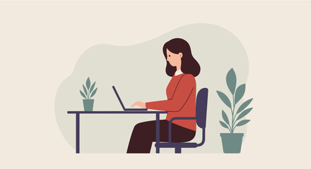 A young woman sits at her desk in a bright, modern office, diligently working on her laptop, surrounded by potted plants and a clean, minimalist aesthetic, ideal for a landing page.