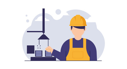 A flat design illustration depicts a male worker in a hard hat and overalls operating industrial machinery in a modern factory setting.