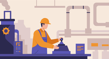 Flat design illustration of a factory worker operating machinery in an industrial setting, ideal for landing pages, banners, marketing materials, and presentations.