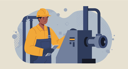 A professional male worker in a hard hat and uniform operates industrial machinery, depicted in a modern flat design illustration suitable for web design and marketing.