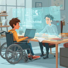 Wheelchair User in Futuristic Virtual Meeting