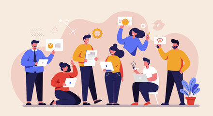 a group of people engaged in various activities, with some holding laptops and others holding signs, all Suitable for landing page, banner, marketing, web design, presentation, infographic, etc.