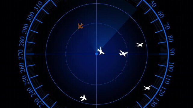 Air Traffic Control Radar Screen Animation Showing Airplane Icons Flight Paths Navigation Display