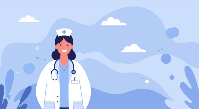 A cheerful nurse, depicted in a flat design illustration, stands confidently against a serene, abstract background, perfect for healthcare and medical presentations.