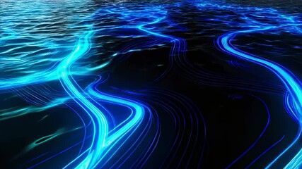 Bright electric blue light curves create digital waves over deep blue water texture Concept of technology and visual innovation - Powered by Adobe